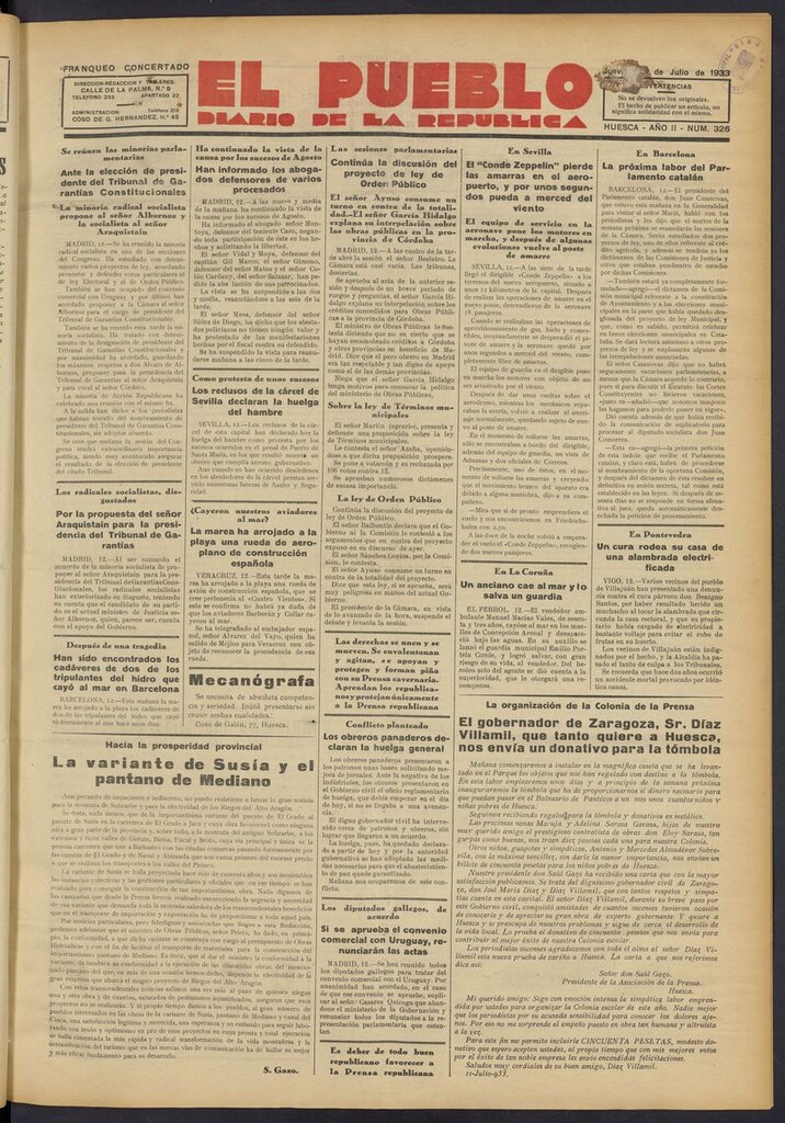 Miniatura de El Pueblo (Huesca. 1932) del 13 de julio de 1933
