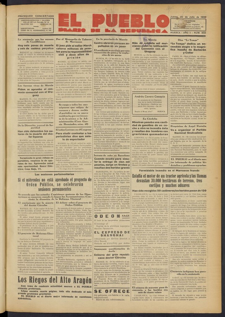 Miniatura de El Pueblo (Huesca. 1932) del 20 de julio de 1933