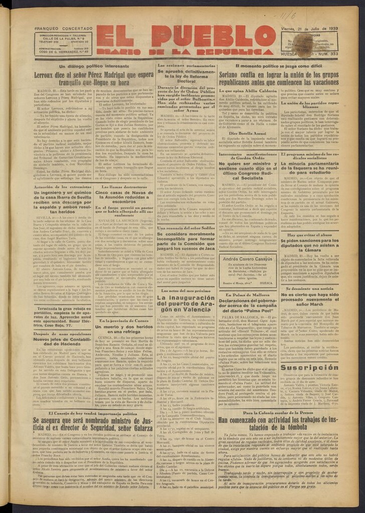 Miniatura de El Pueblo (Huesca. 1932) del 21 de julio de 1933