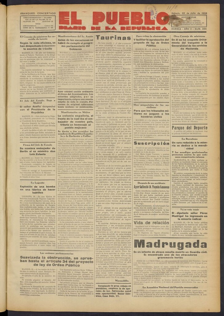 Miniatura de El Pueblo (Huesca. 1932) del 22 de julio de 1933