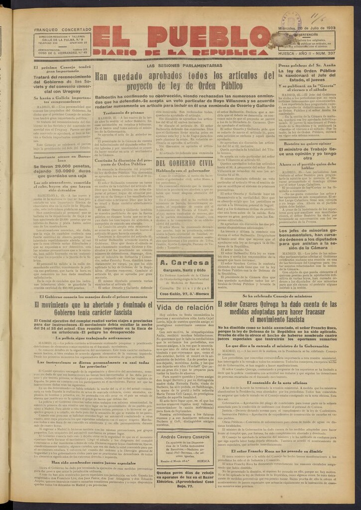 Miniatura de El Pueblo (Huesca. 1932) del 26 de julio de 1933