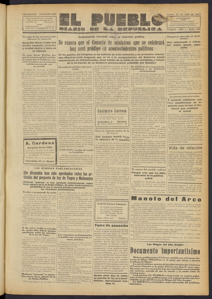 Miniatura de El Pueblo (Huesca. 1932) del 27 de julio de 1933