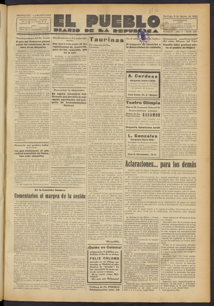 Miniatura de El Pueblo (Huesca. 1932) del 6 de agosto de 1933