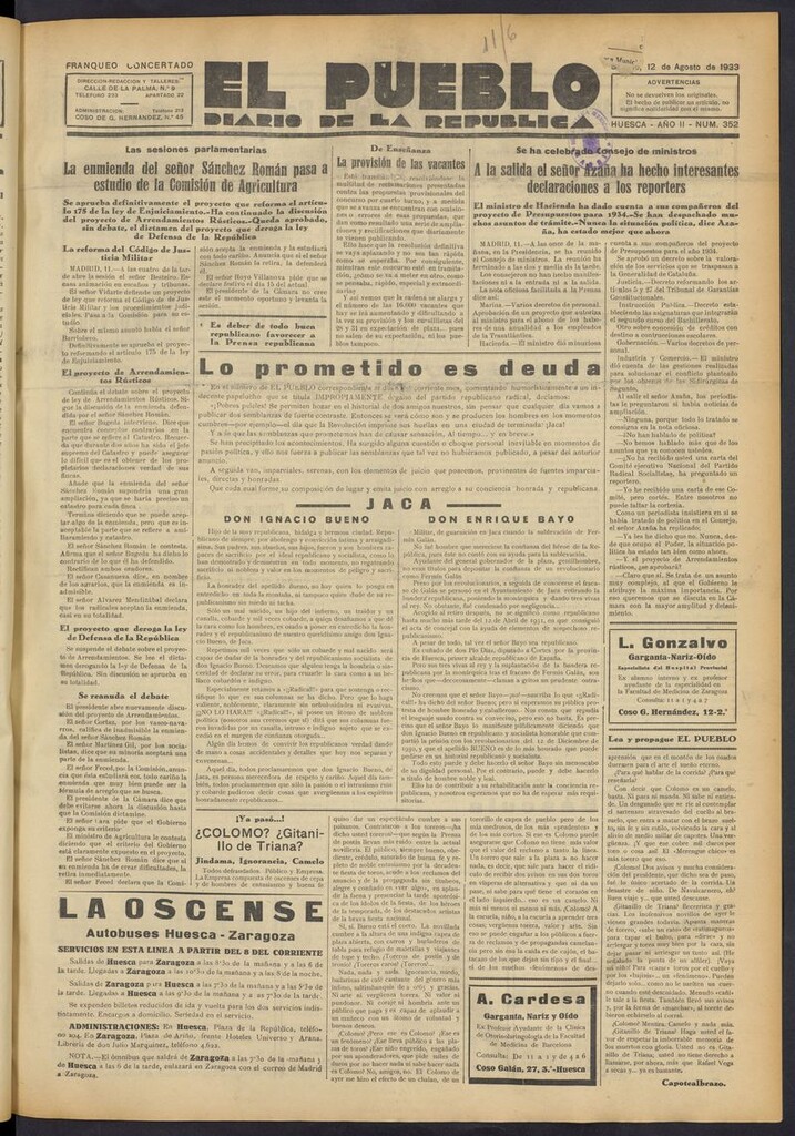 Miniatura de El Pueblo (Huesca. 1932) del 12 de agosto de 1933