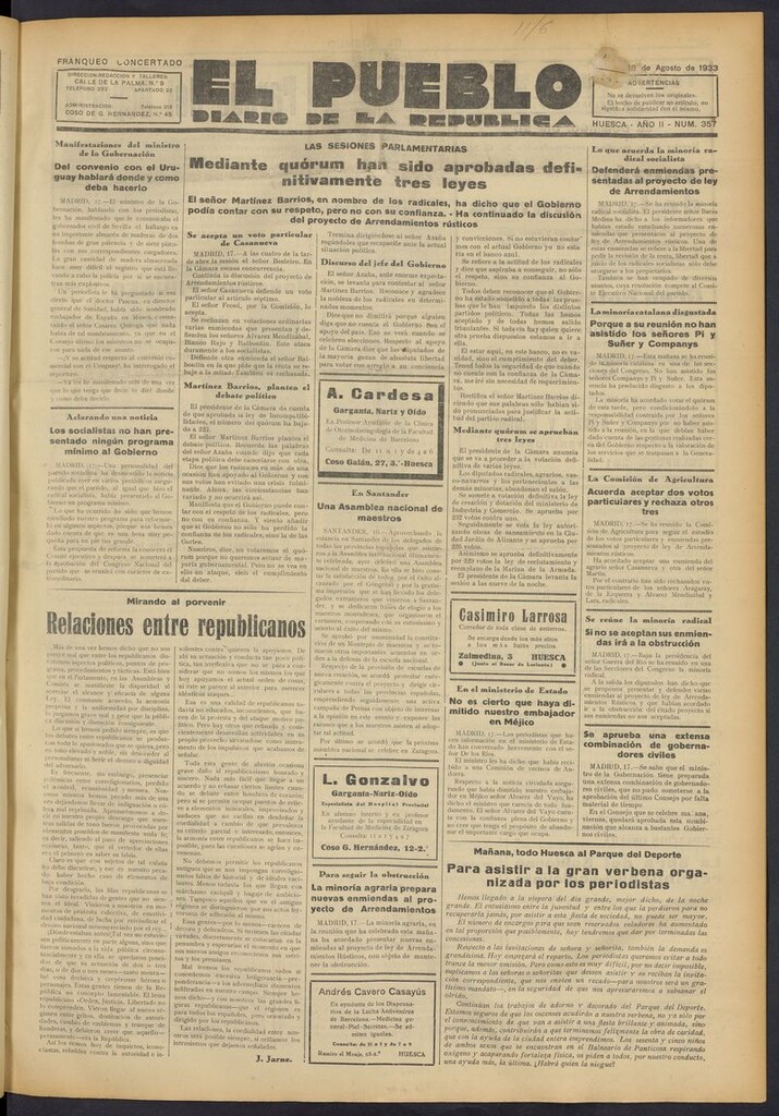 Miniatura de El Pueblo (Huesca. 1932) del 18 de agosto de 1933