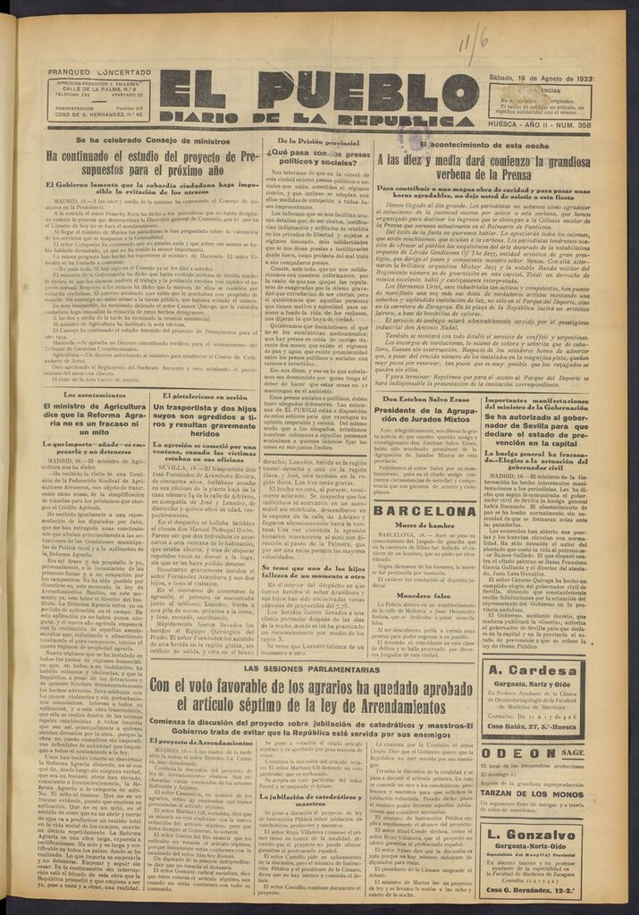 Miniatura de El Pueblo (Huesca. 1932) del 19 de agosto de 1933