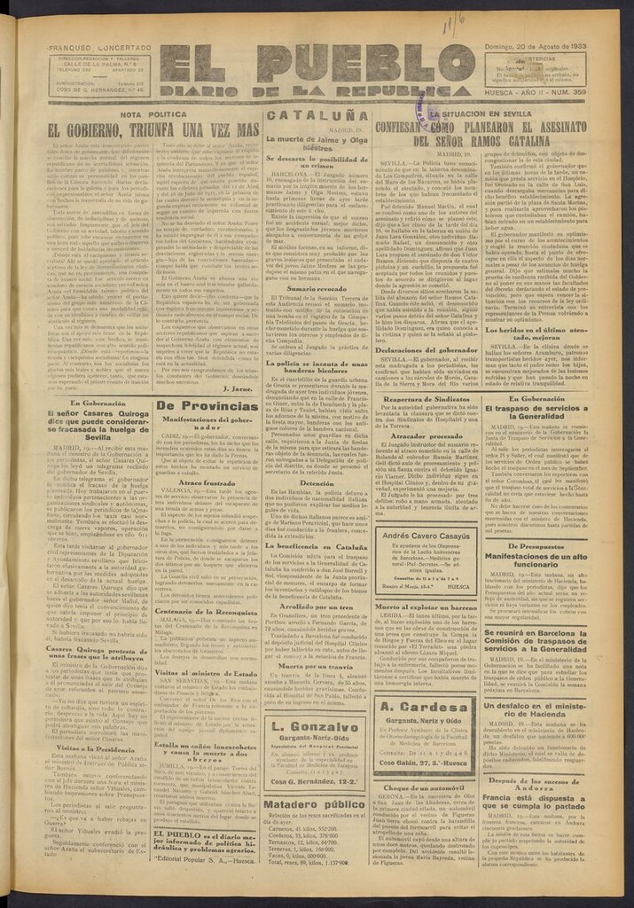 Miniatura de El Pueblo (Huesca. 1932) del 20 de agosto de 1933