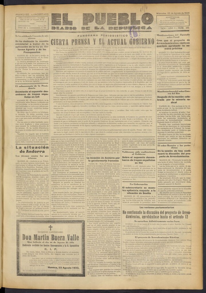 Miniatura de El Pueblo (Huesca. 1932) del 23 de agosto de 1933