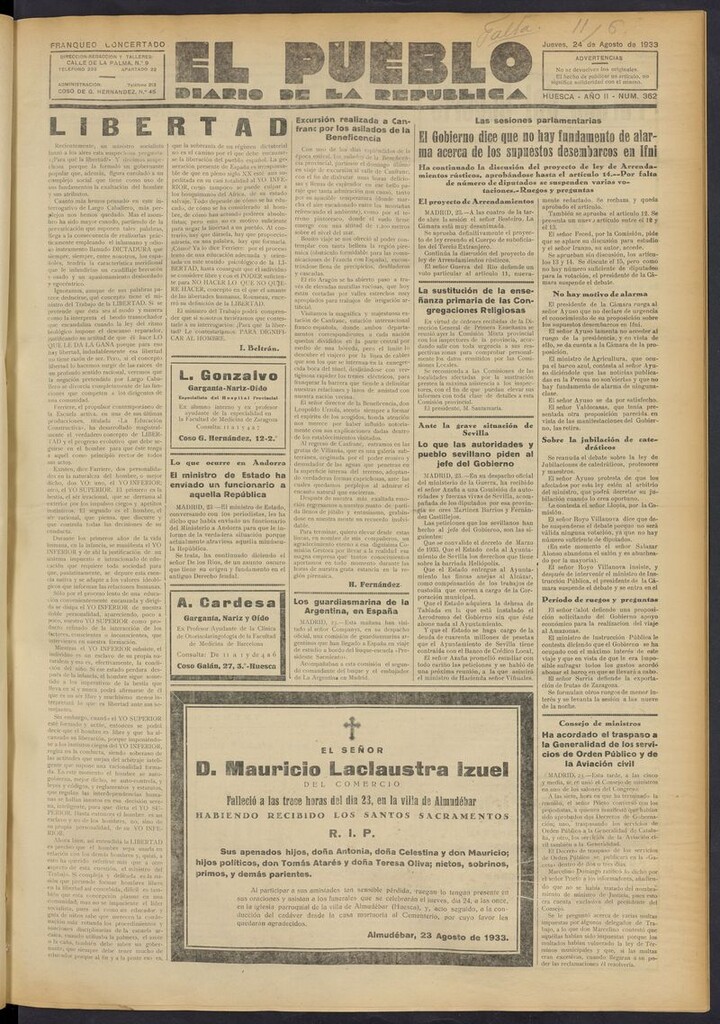 Miniatura de El Pueblo (Huesca. 1932) del 24 de agosto de 1933