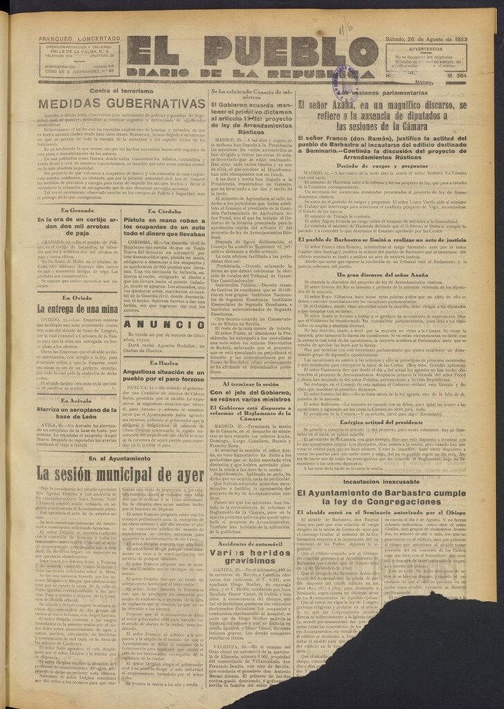 Miniatura de El Pueblo (Huesca. 1932) del 26 de agosto de 1933