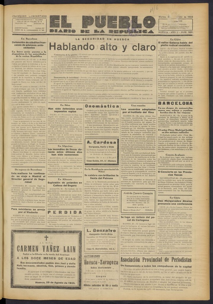 Miniatura de El Pueblo (Huesca. 1932) del 29 de agosto de 1933