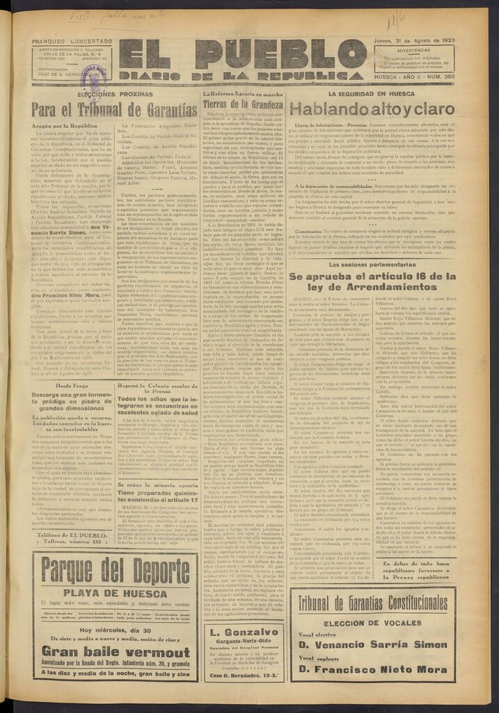 Miniatura de El Pueblo (Huesca. 1932) del 31 de agosto de 1933