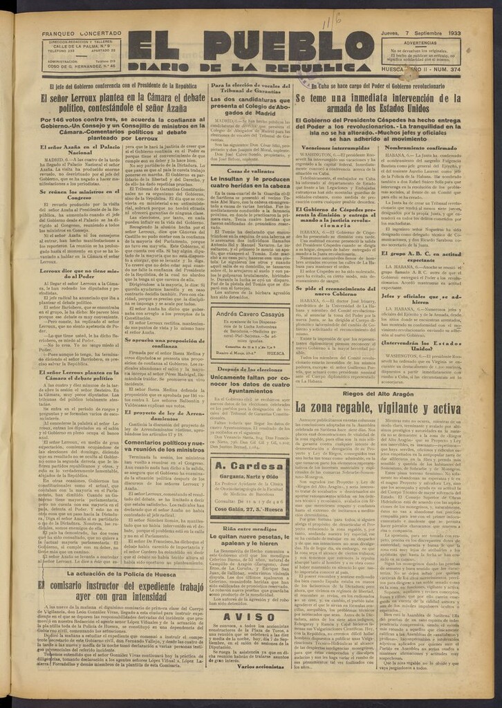 Miniatura de El Pueblo (Huesca. 1932) del 7 de septiembre de 1933
