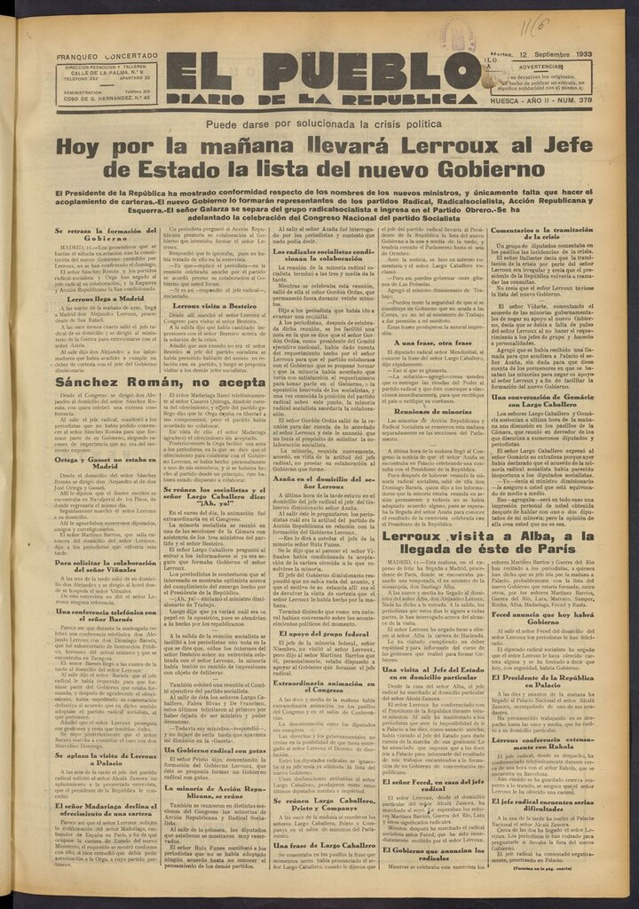 Miniatura de El Pueblo (Huesca. 1932) del 12 de septiembre de 1933