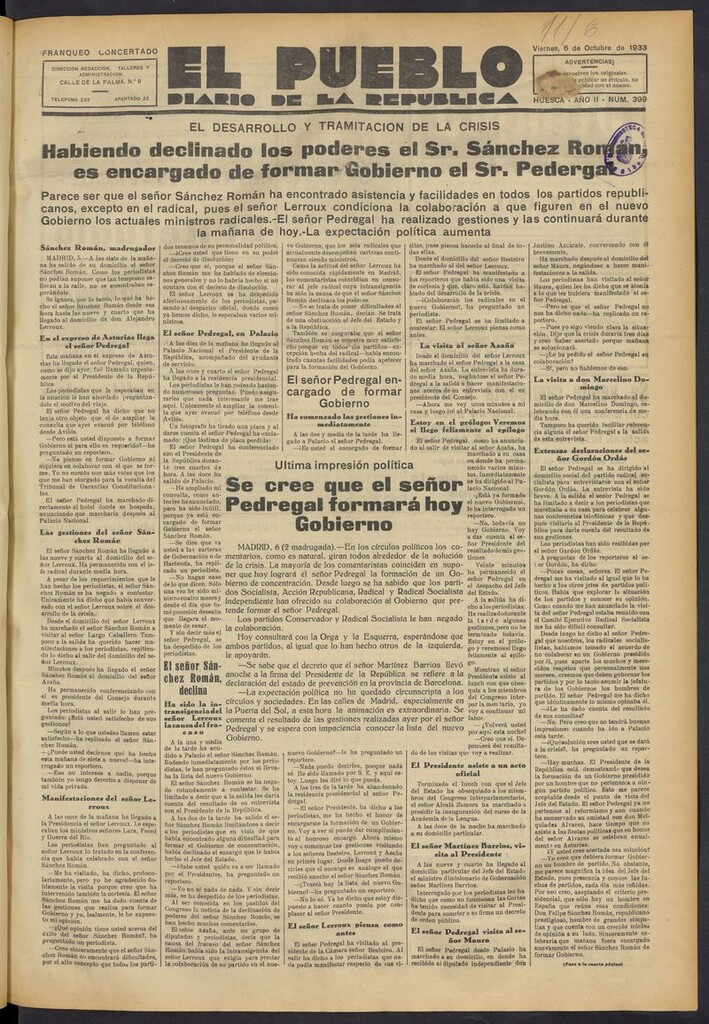 Miniatura de El Pueblo (Huesca. 1932) del 6 de octubre de 1933