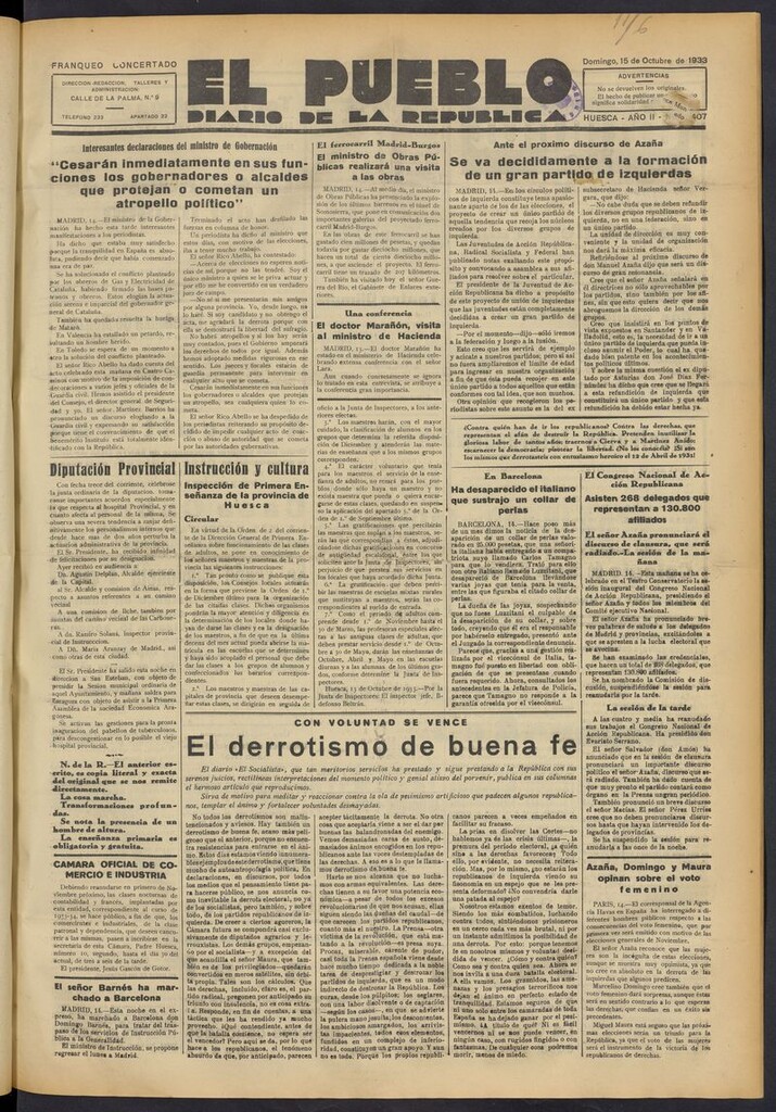Miniatura de El Pueblo (Huesca. 1932) del 15 de octubre de 1933