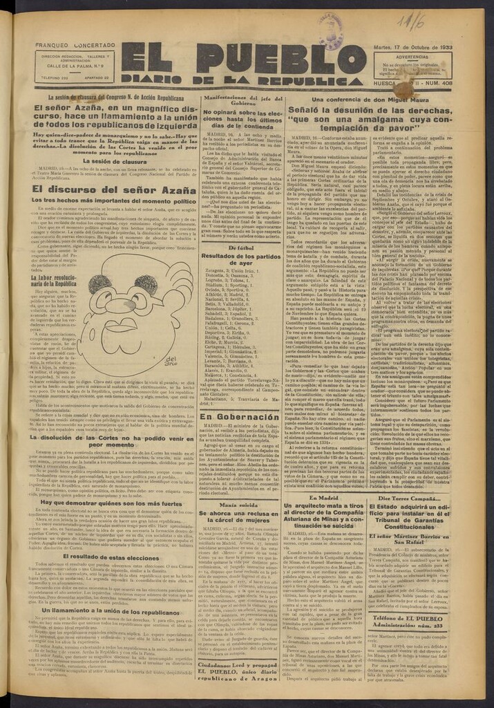 Miniatura de El Pueblo (Huesca. 1932) del 17 de octubre de 1933