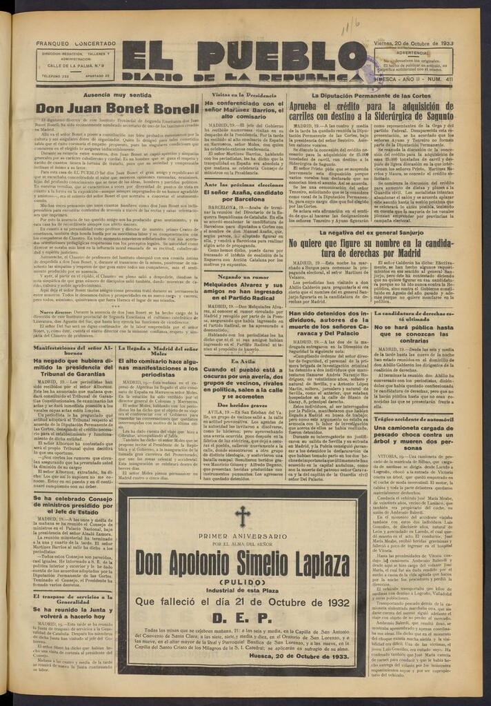 Miniatura de El Pueblo (Huesca. 1932) del 20 de octubre de 1933