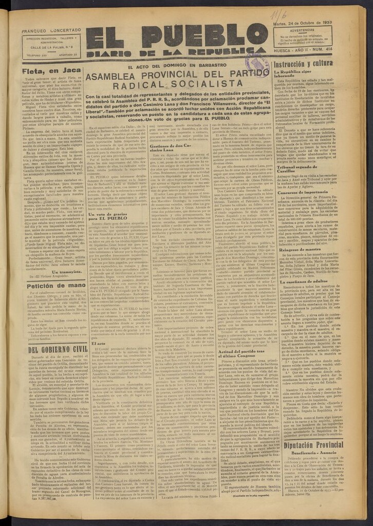 Miniatura de El Pueblo (Huesca. 1932) del 24 de octubre de 1933