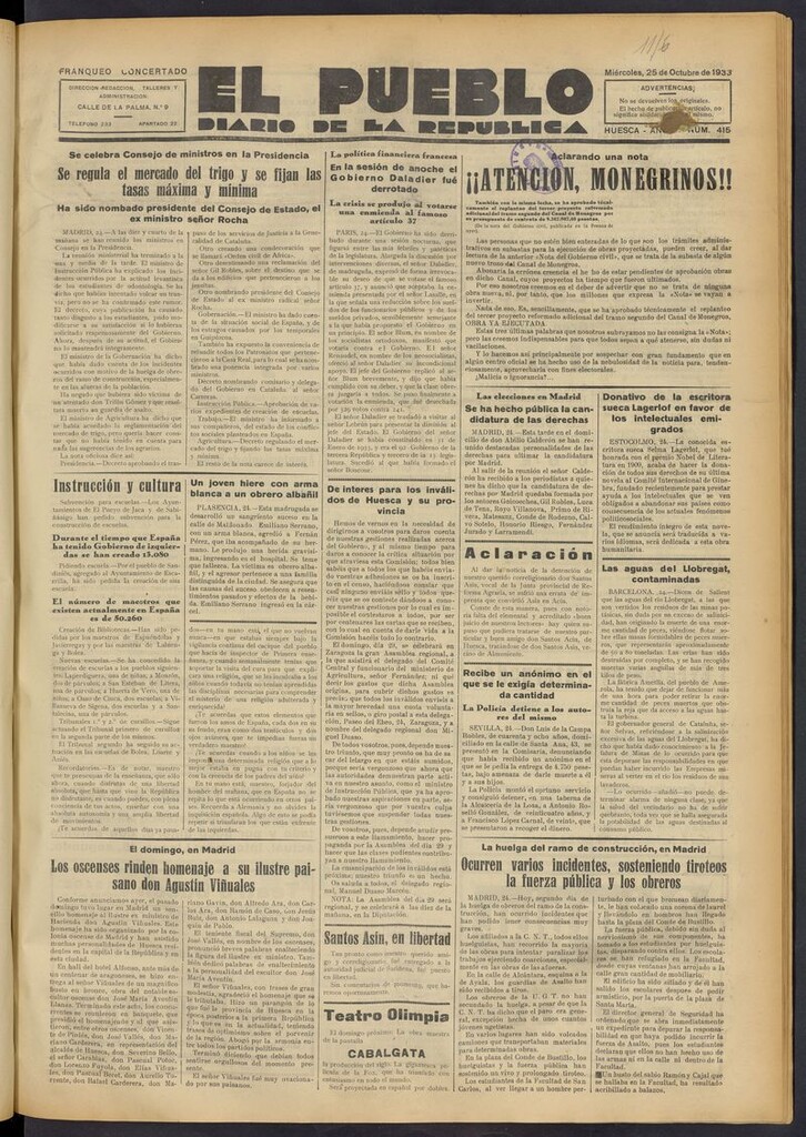 Miniatura de El Pueblo (Huesca. 1932) del 25 de octubre de 1933