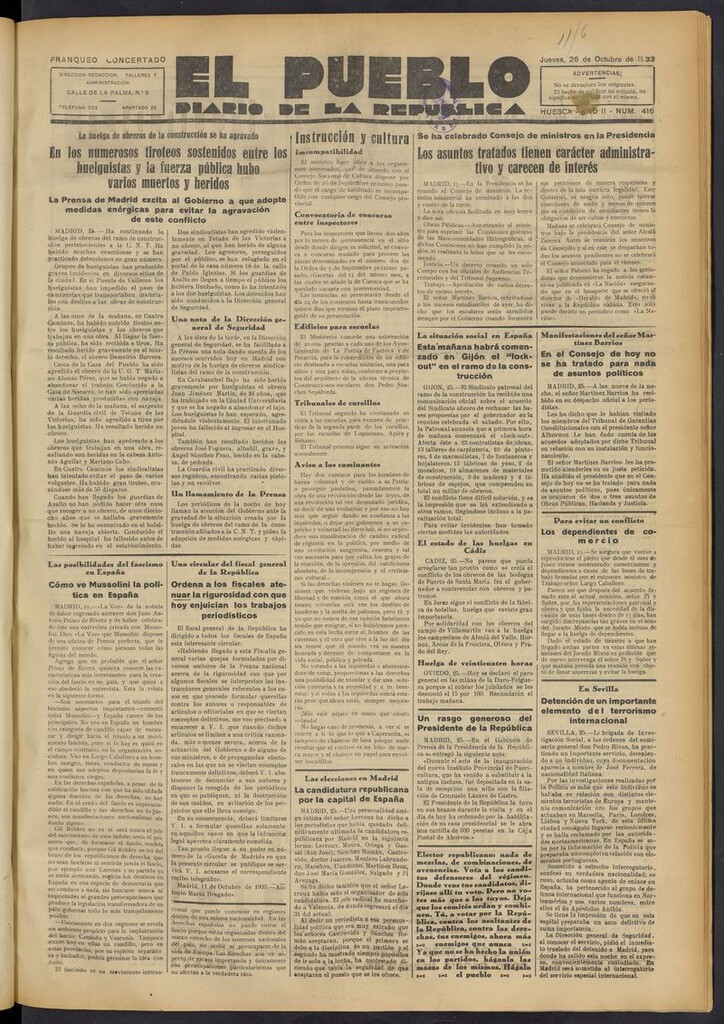 Miniatura de El Pueblo (Huesca. 1932) del 26 de octubre de 1933