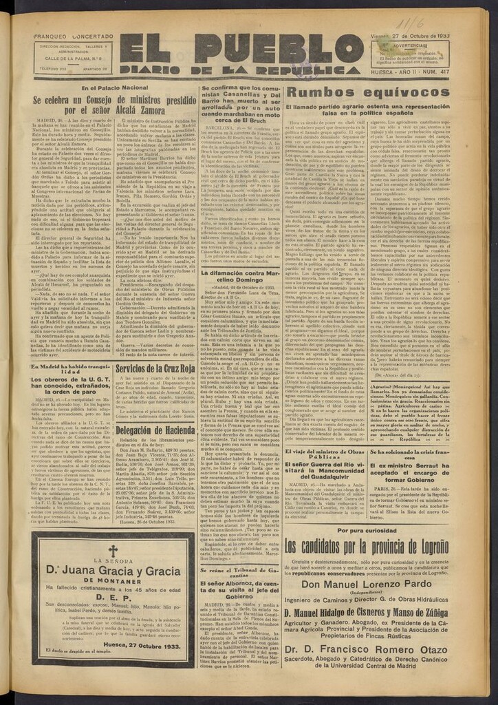 Miniatura de El Pueblo (Huesca. 1932) del 27 de octubre de 1933