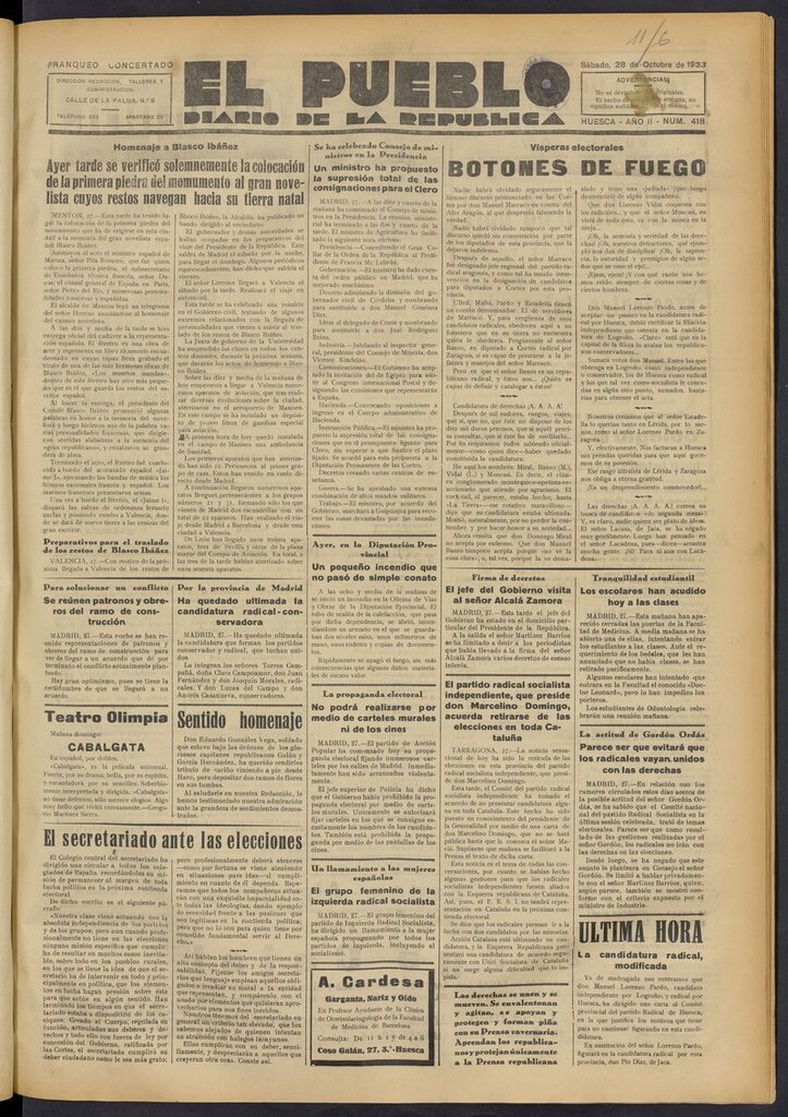 Miniatura de El Pueblo (Huesca. 1932) del 28 de octubre de 1933