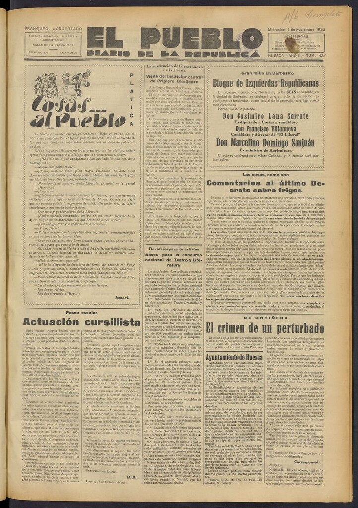 Miniatura de El Pueblo (Huesca. 1932) del 1 de noviembre de 1933