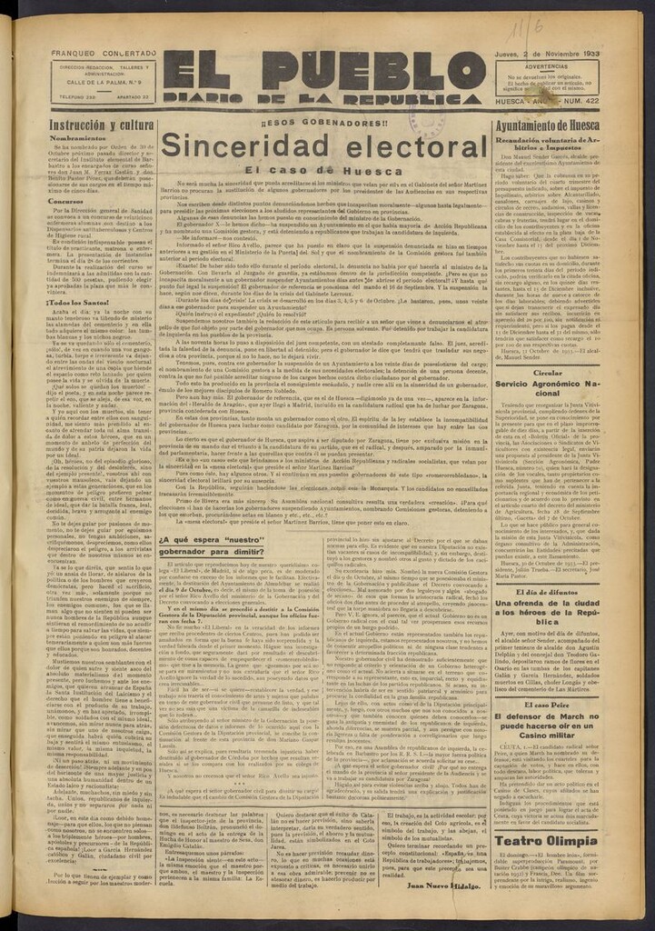 Miniatura de El Pueblo (Huesca. 1932) del 2 de noviembre de 1933