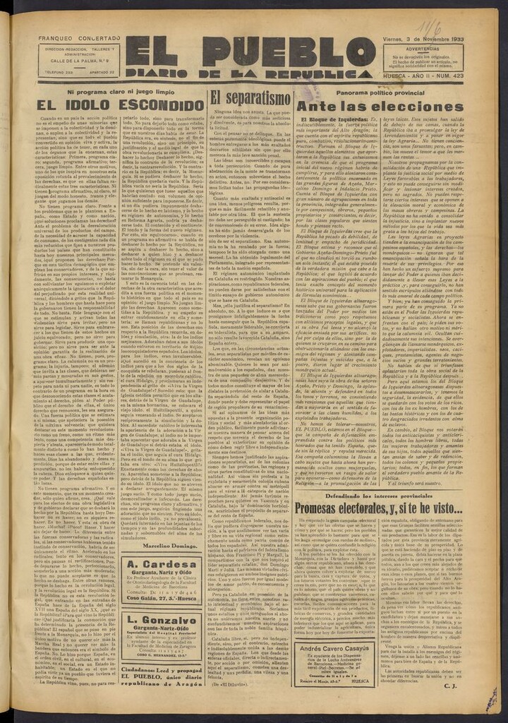 Miniatura de El Pueblo (Huesca. 1932) del 3 de noviembre de 1933