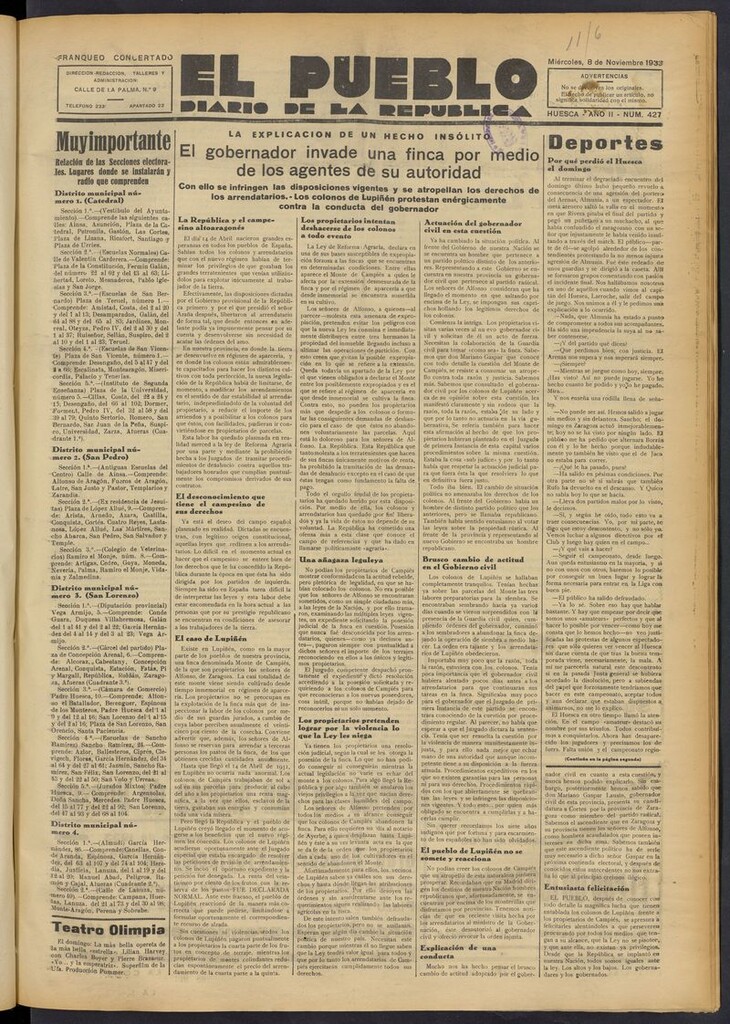 Miniatura de El Pueblo (Huesca. 1932) del 8 de noviembre de 1933