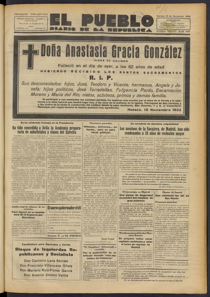 Miniatura de El Pueblo (Huesca. 1932) del 10 de noviembre de 1933