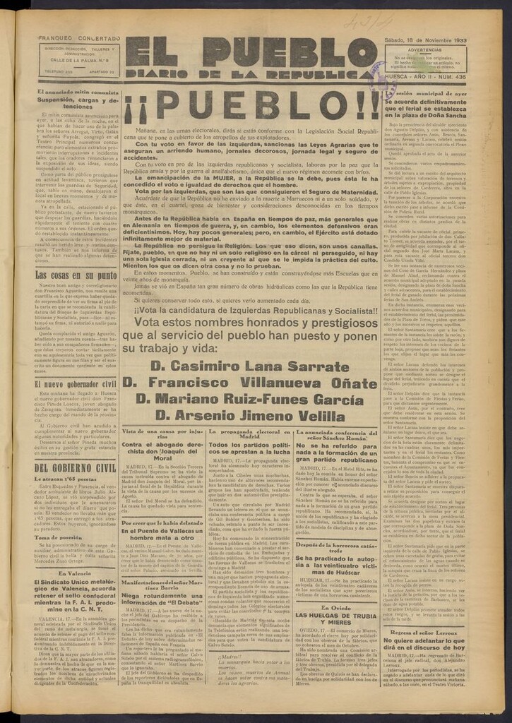 Miniatura de El Pueblo (Huesca. 1932) del 18 de noviembre de 1933