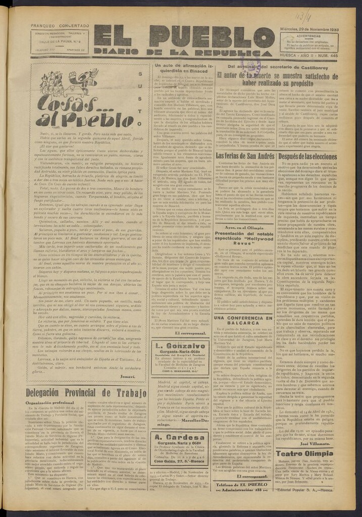 Miniatura de El Pueblo (Huesca. 1932) del 29 de noviembre de 1933