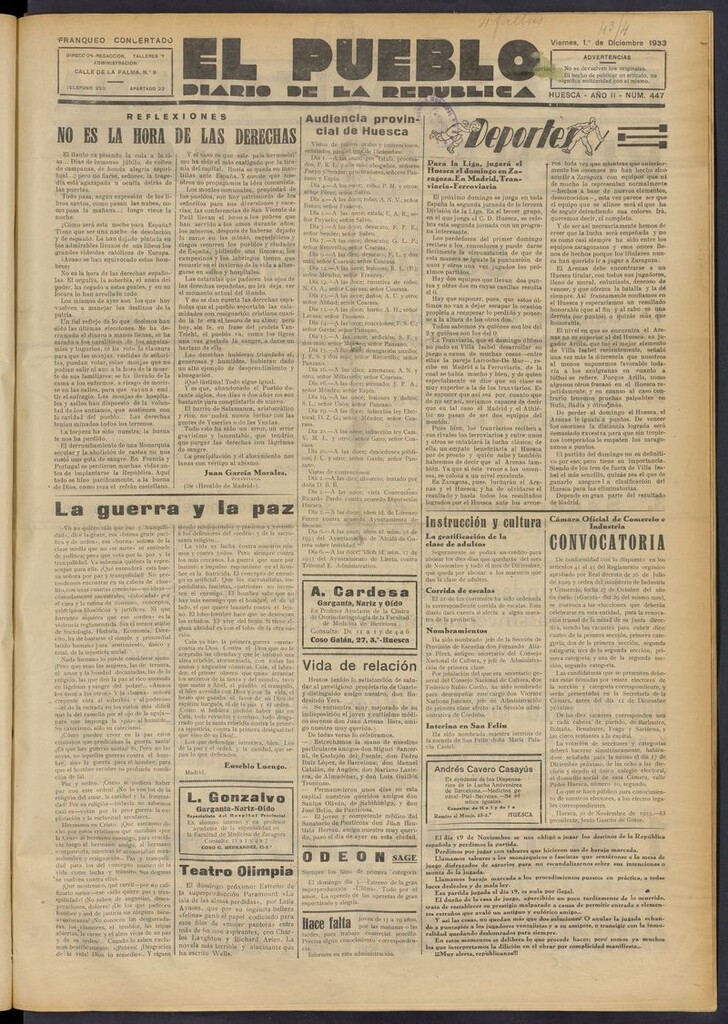 Miniatura de El Pueblo (Huesca. 1932) del 1 de diciembre de 1933