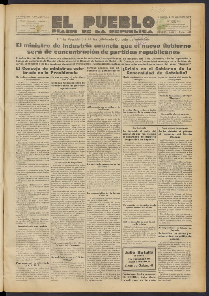 Miniatura de El Pueblo (Huesca. 1932) del 6 de diciembre de 1933