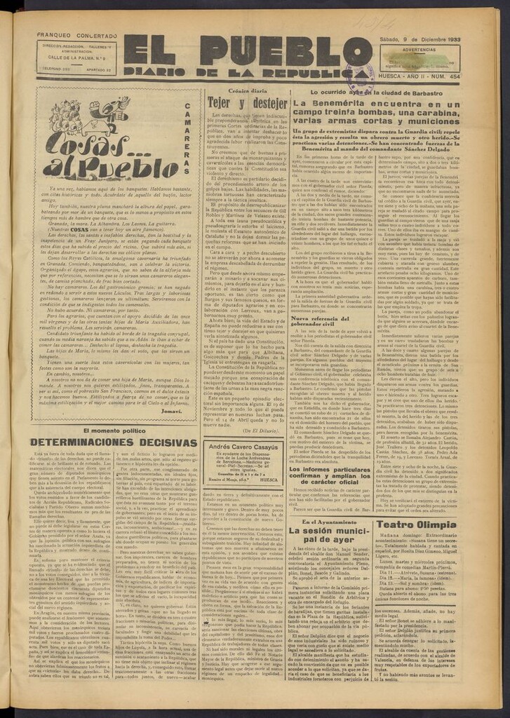 Miniatura de El Pueblo (Huesca. 1932) del 9 de diciembre de 1933