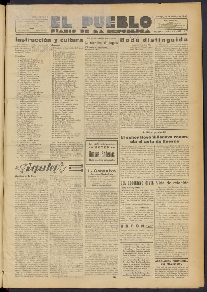 Miniatura de El Pueblo (Huesca. 1932) del 31 de diciembre de 1933