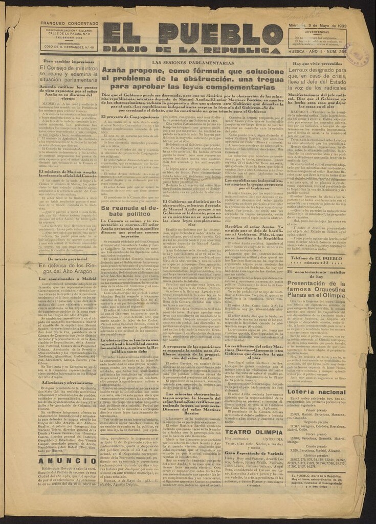 Miniatura de El Pueblo (Huesca. 1932) del 3 de mayo de 1933