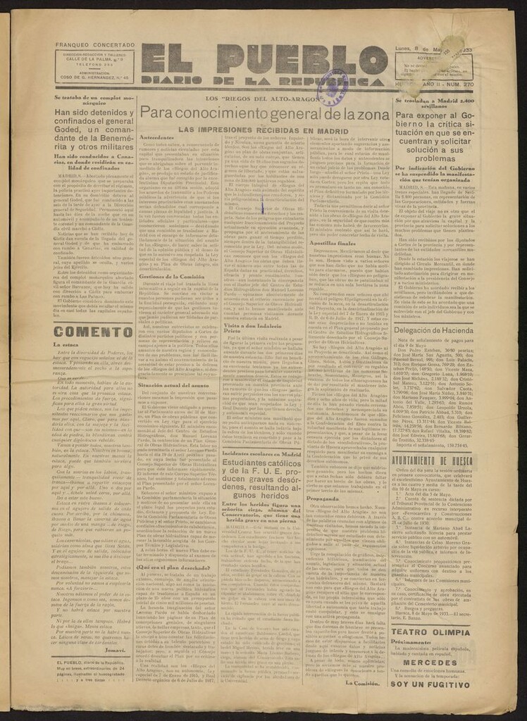 Miniatura de El Pueblo (Huesca. 1932) del 8 de mayo de 1933