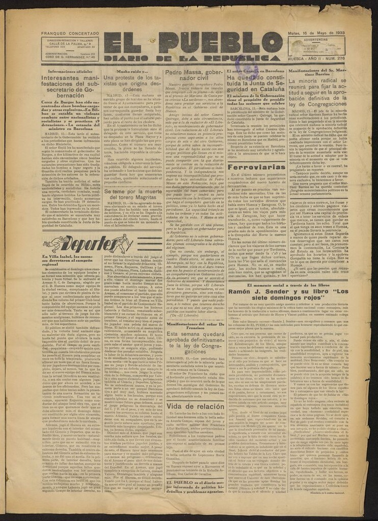 Miniatura de El Pueblo (Huesca. 1932) del 16 de mayo de 1933