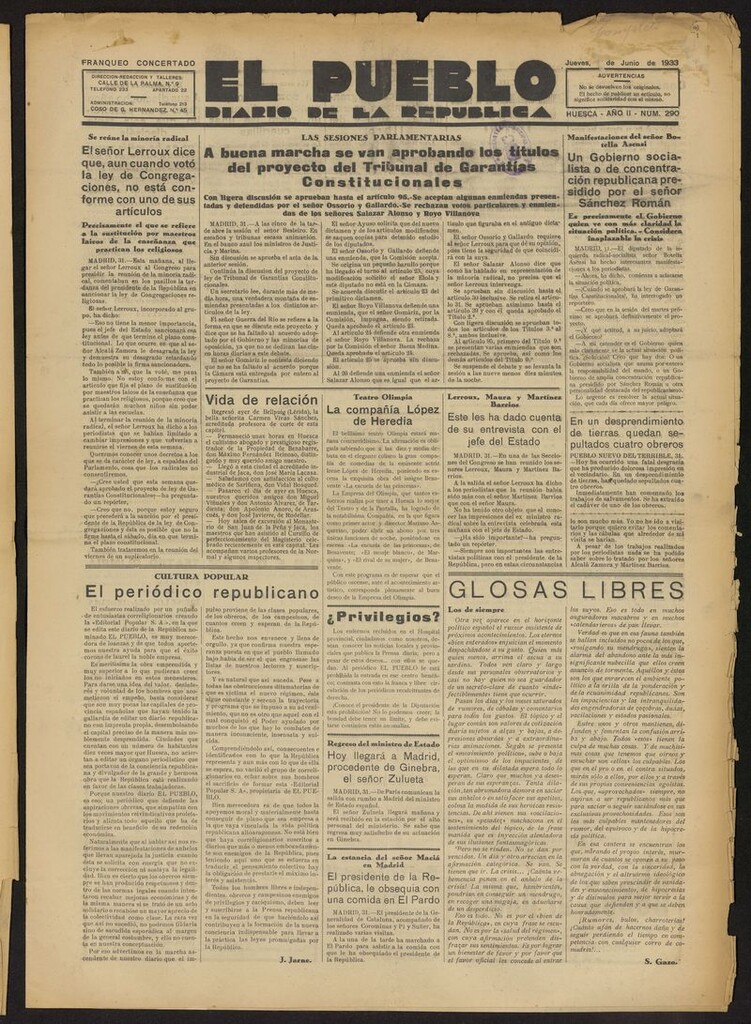 Miniatura de El Pueblo (Huesca. 1932) del 1 de junio de 1933