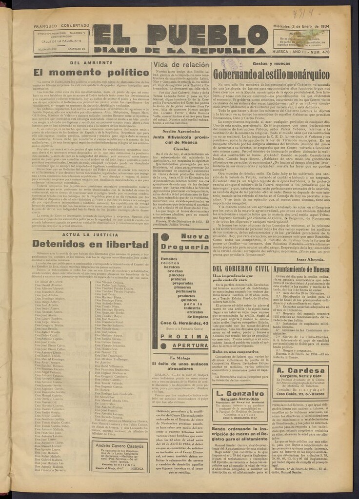 Miniatura de El Pueblo (Huesca. 1932) del 3 de enero de 1934