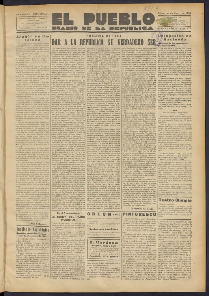 Miniatura de El Pueblo (Huesca. 1932) del 6 de enero de 1934