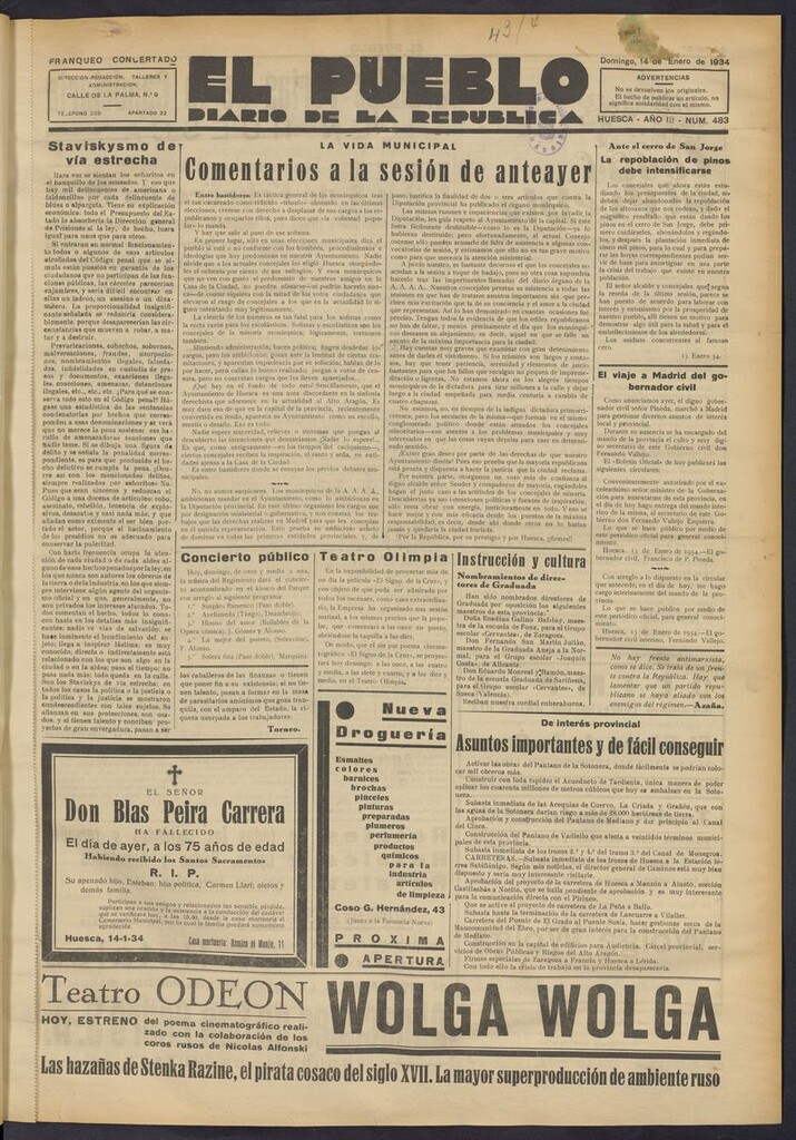 Miniatura de El Pueblo (Huesca. 1932) del 14 de enero de 1934