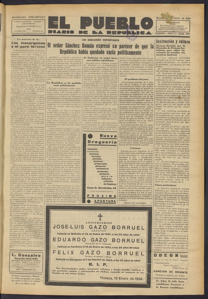 Miniatura de El Pueblo (Huesca. 1932) del 16 de enero de 1934