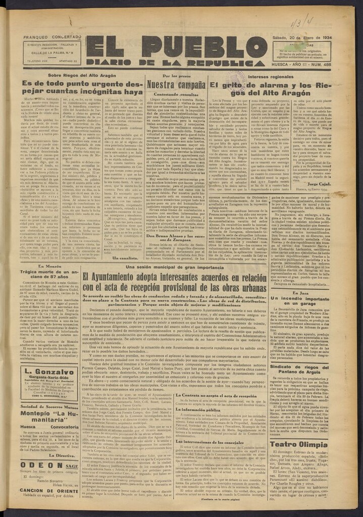 Miniatura de El Pueblo (Huesca. 1932) del 20 de enero de 1934