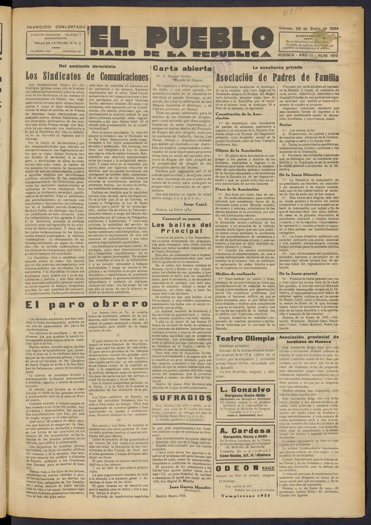Miniatura de El Pueblo (Huesca. 1932) del 26 de enero de 1934