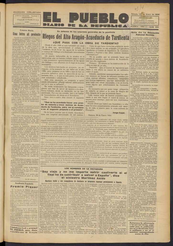 Miniatura de El Pueblo (Huesca. 1932) del 27 de enero de 1934