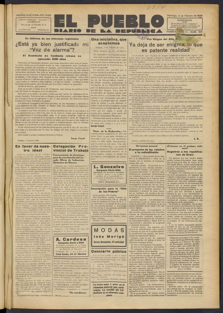 Miniatura de El Pueblo (Huesca. 1932) del 4 de febrero de 1934